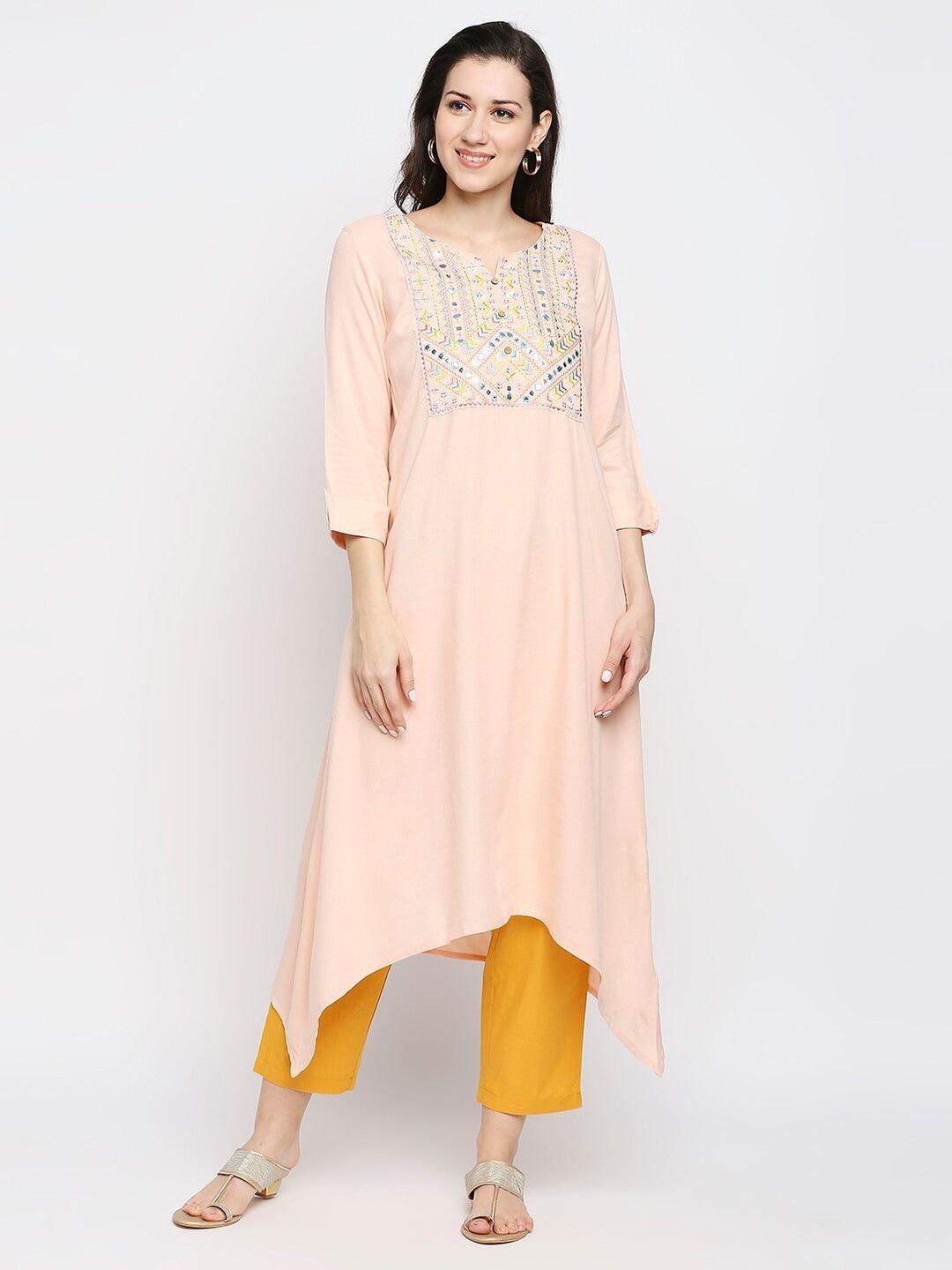 ethnicity-women-peach-coloured-embellished-longline-a-line-top