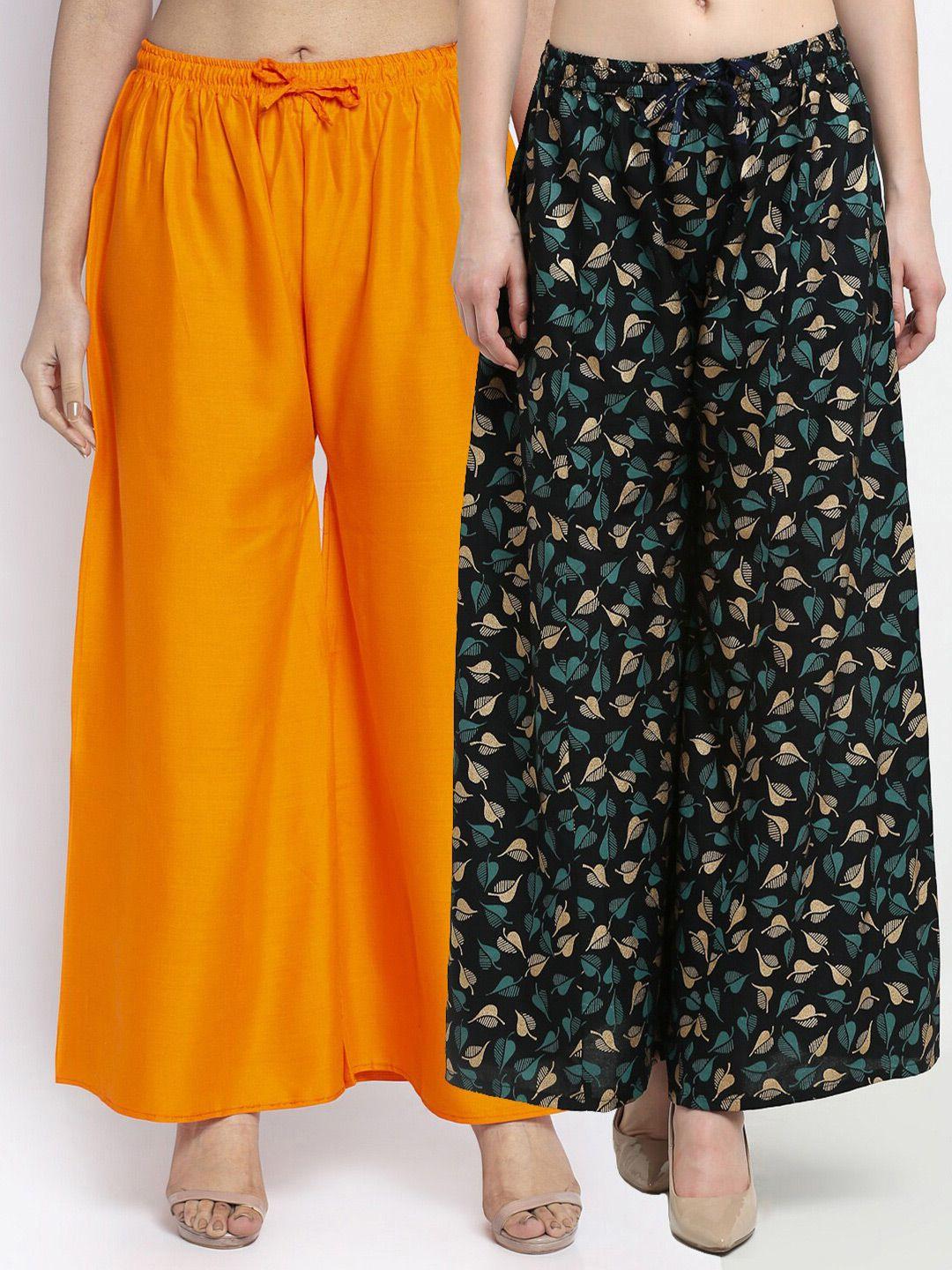 gracit-women-pack-of-2-orange-&-black-floral-printed-flared-ethnic-palazzos