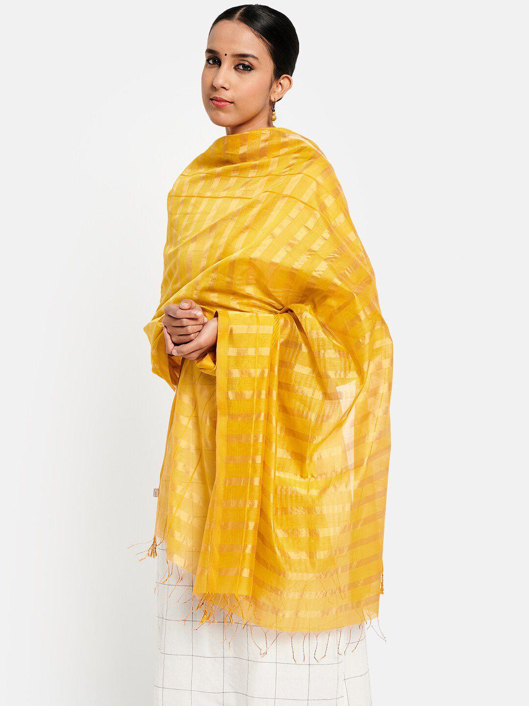 fabindia-women-yellow-&-gold-toned-striped-cotton-silk-dupatta