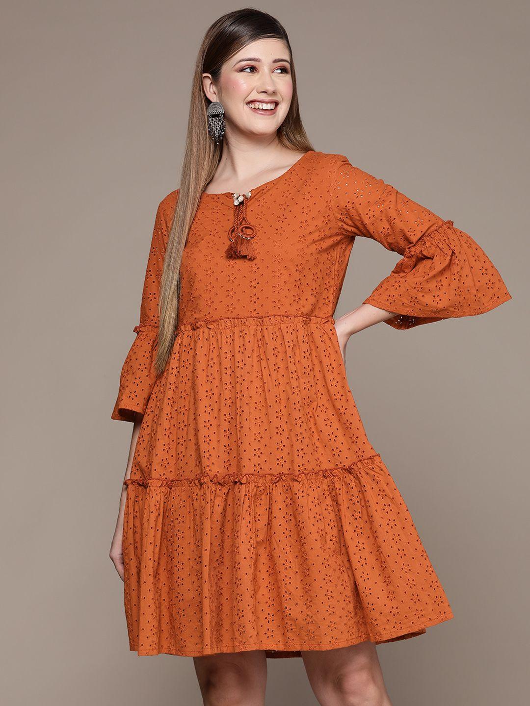 ishin-women-orange-schiffli-pure-cotton-tiered-empire-dress