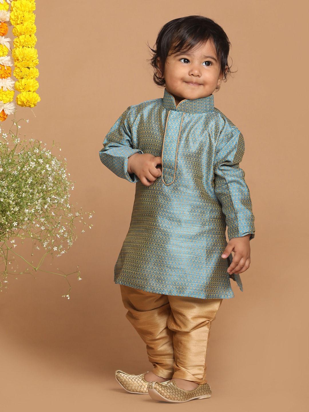 VASTRAMAY SISHU Infant Boys Blue & Rose Gold Silk Blend Kurta & Pyjamas