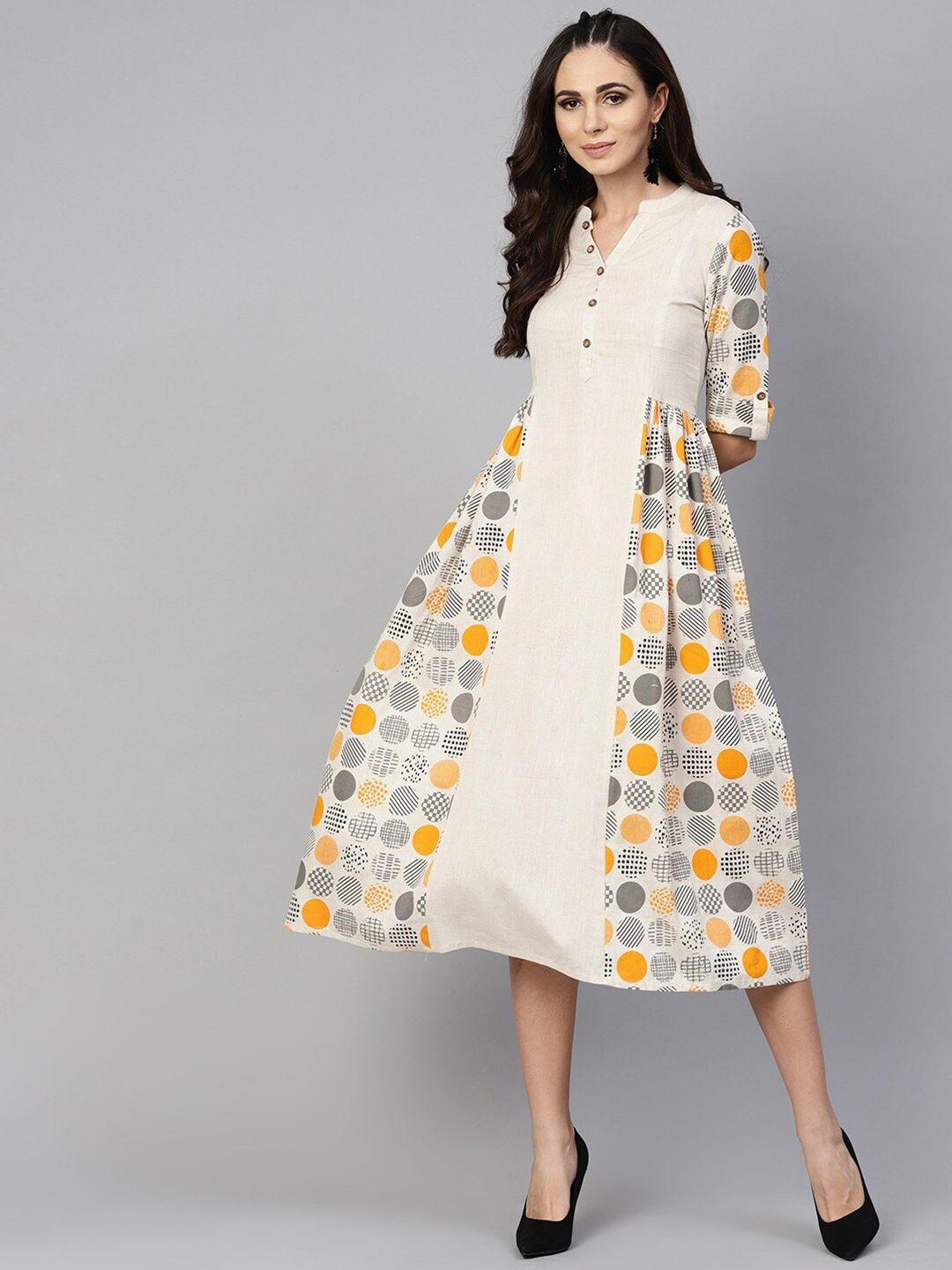 Tulsattva Off White & Yellow Printed Midi Dress
