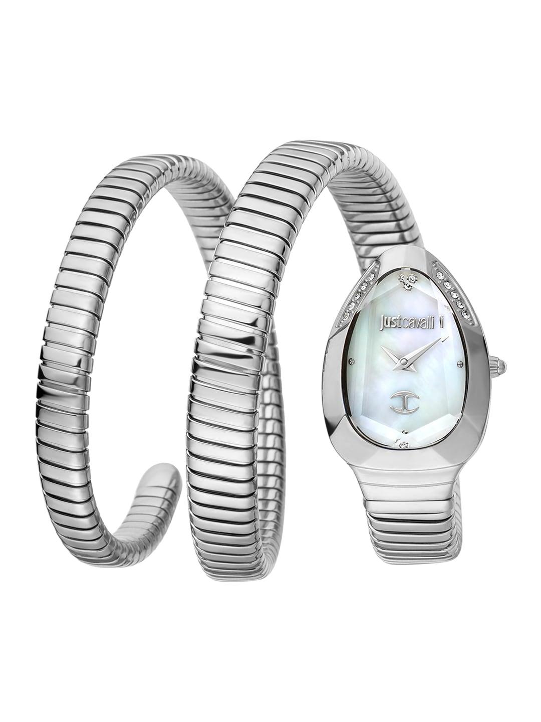 Just Cavalli Women White Brass Dial & Silver Toned Stainless Steel Wrap Around Straps Analogue Watch