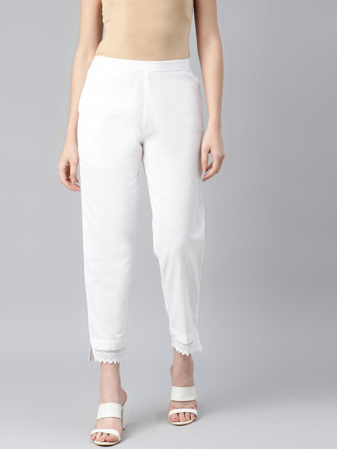 PIROH Women White Solid Pure Cotton Straight Fit Trousers