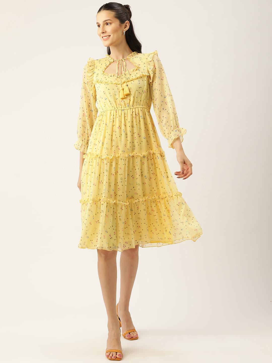 Antheaa Yellow Floral Chiffon Midi Dress