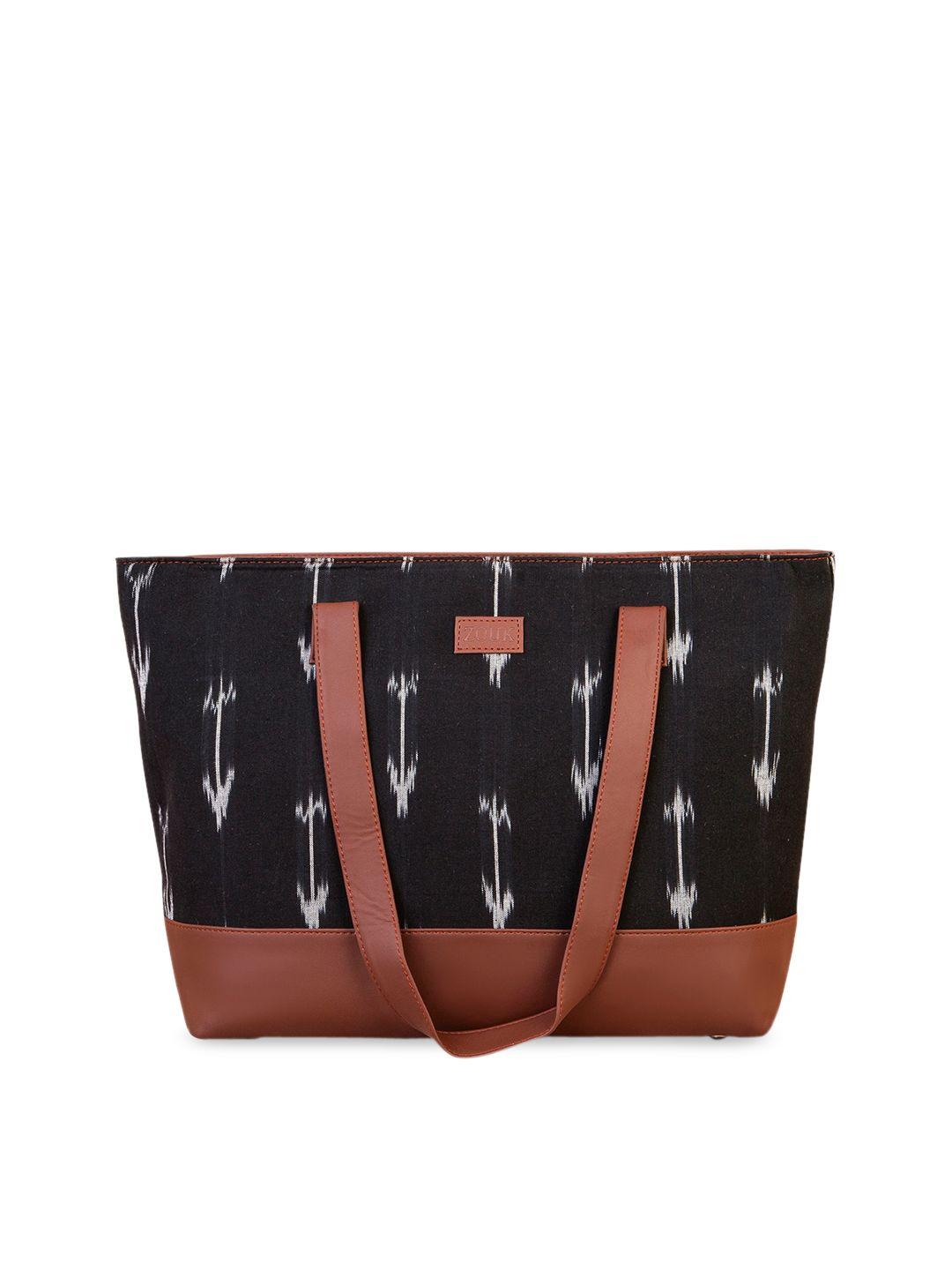 ZOUK Black Printed Shopper Tote Bag with Tasselled