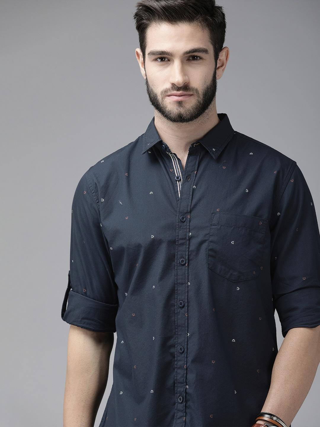 Roadster Men Navy Blue Printed Casual Pure Cotton Shirt