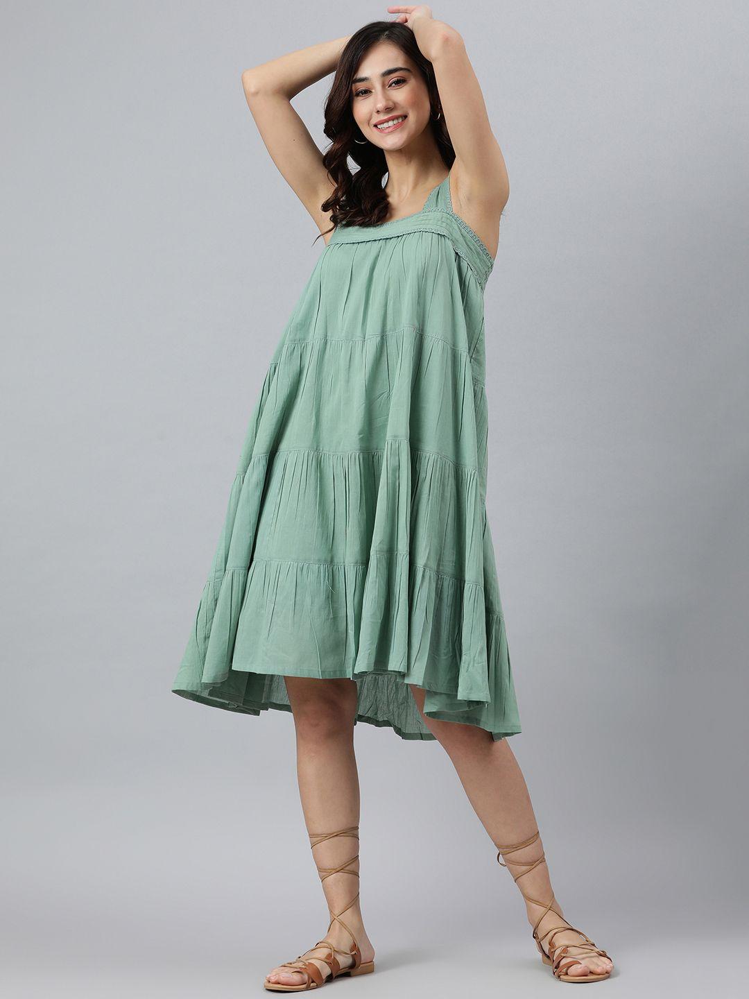 janasya-women-green-cotton-solid-flared-dress