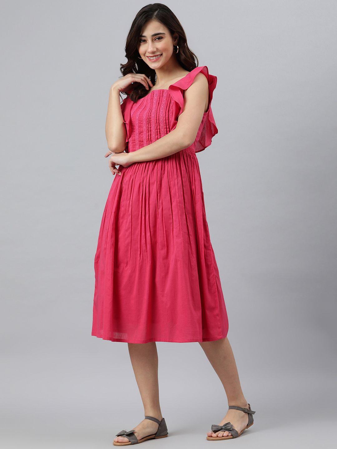 janasya-women-pink-cotton-solid-flared-dress