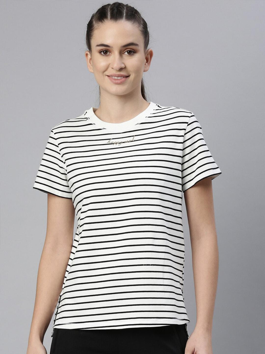 Enamor Women Off White Striped Antimicrobial Cotton Outdoor T-shirt