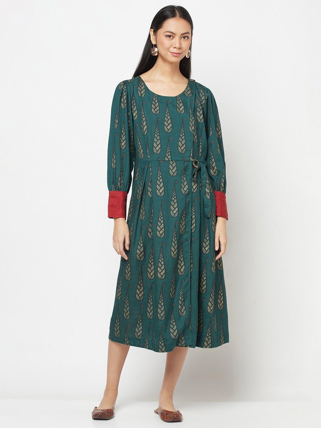 fabindia-green-ethnic-motifs-a-line-midi-dress