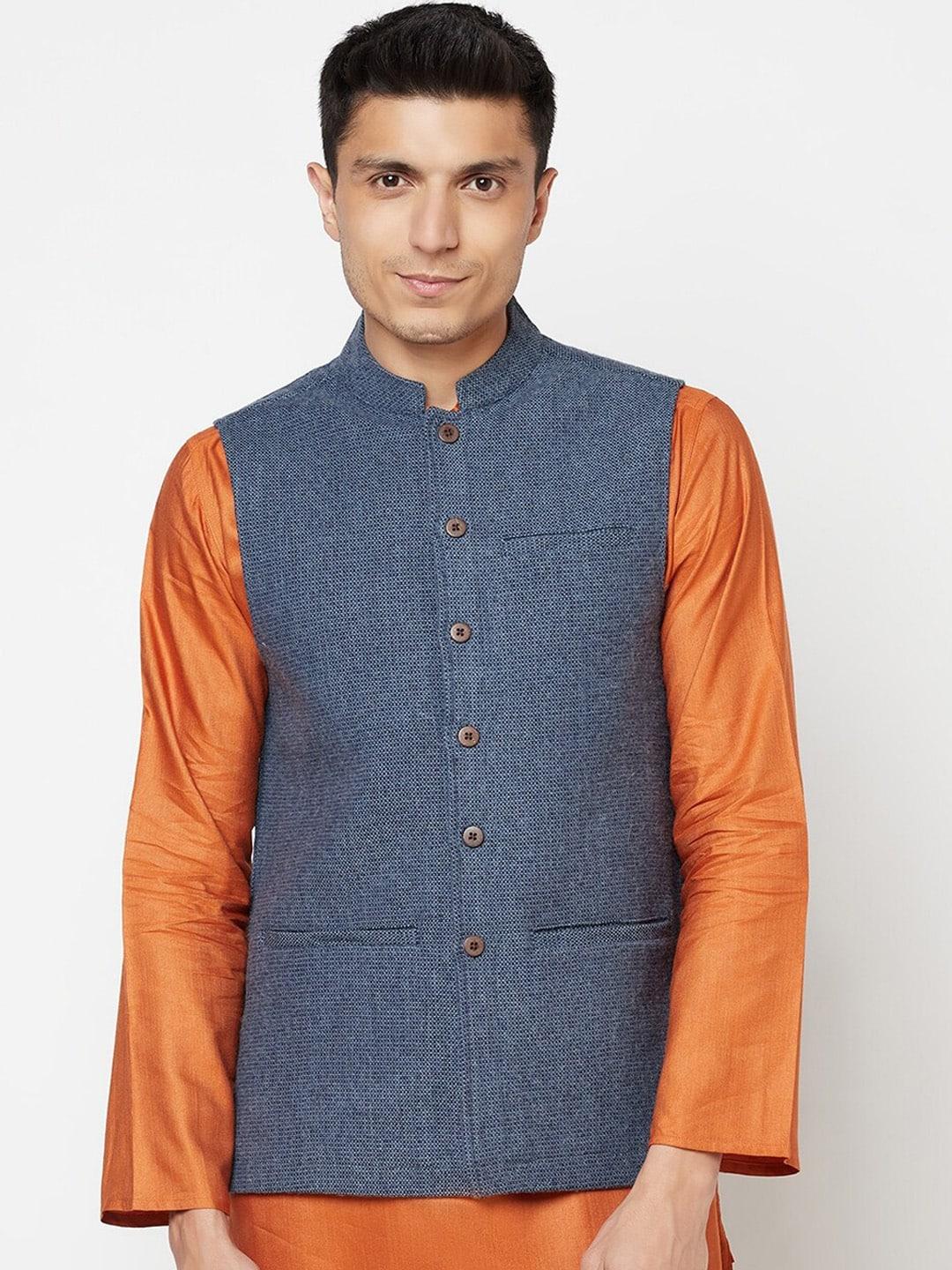 Fabindia Men Blue Wool Tweed Nehru Jacket