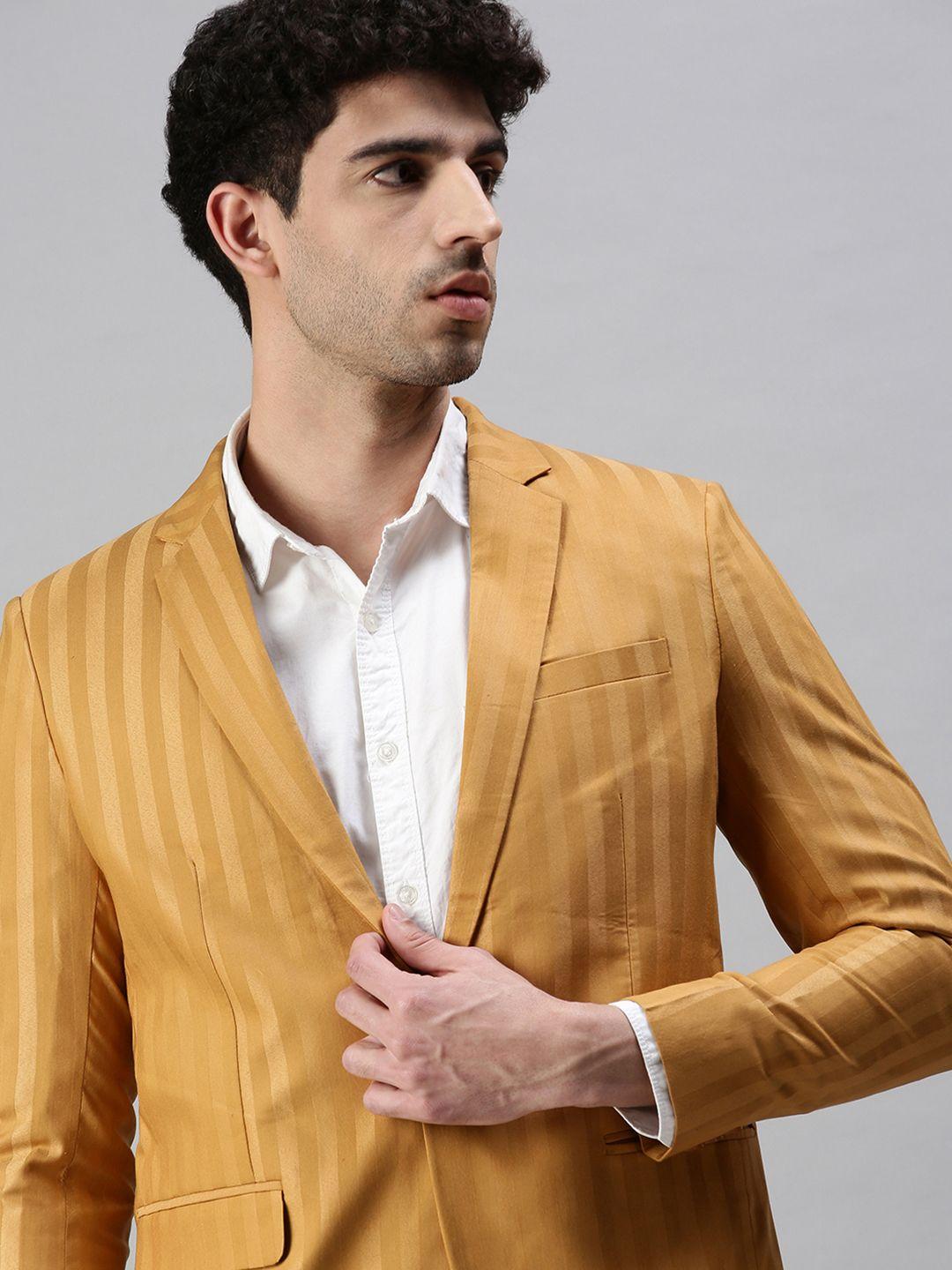 SHOWOFF Men Mustard Yellow Striped Slim-Fit Single-Breasted Blazer