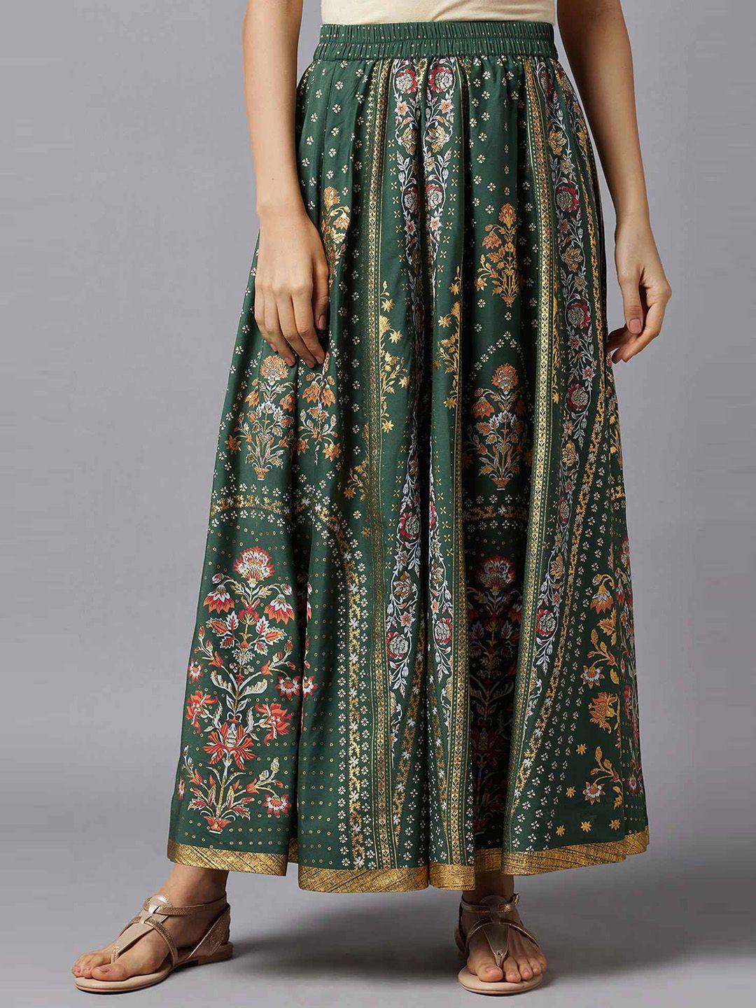 aurelia-women-green-printed-maxi-length-flared-skirt