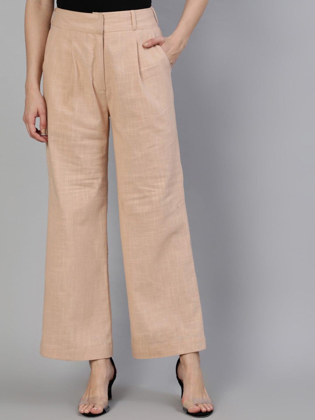 jaipur-kurti-women-peach-coloured-flared-high-rise-pleated-cotton-parallel-trousers