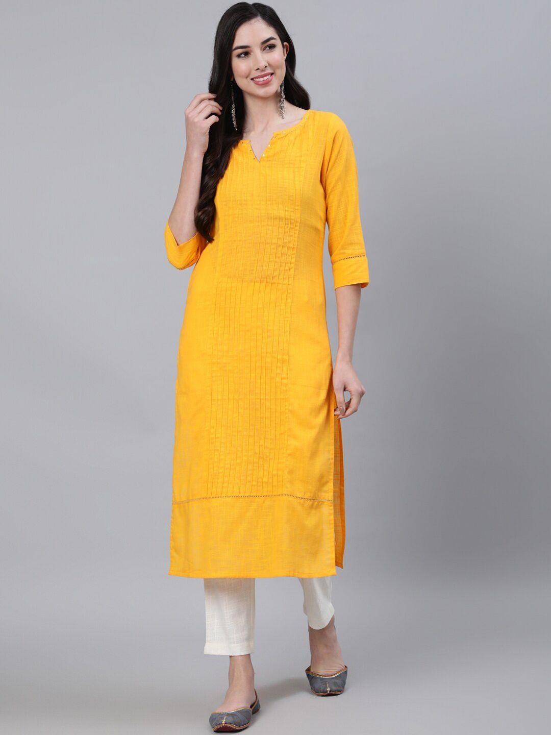 jaipur-kurti-women-mustard-yellow-cotton-pin-tucks-straight-kurta