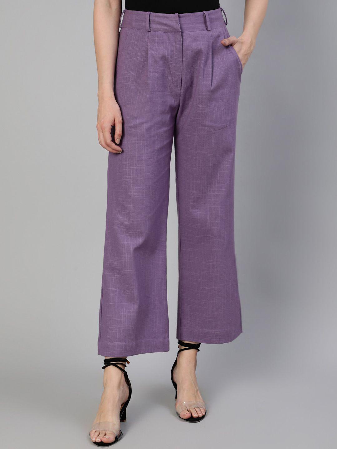 jaipur-kurti-women-lavender-solid-flared-high-rise-pleated-cotton-parallel-trousers