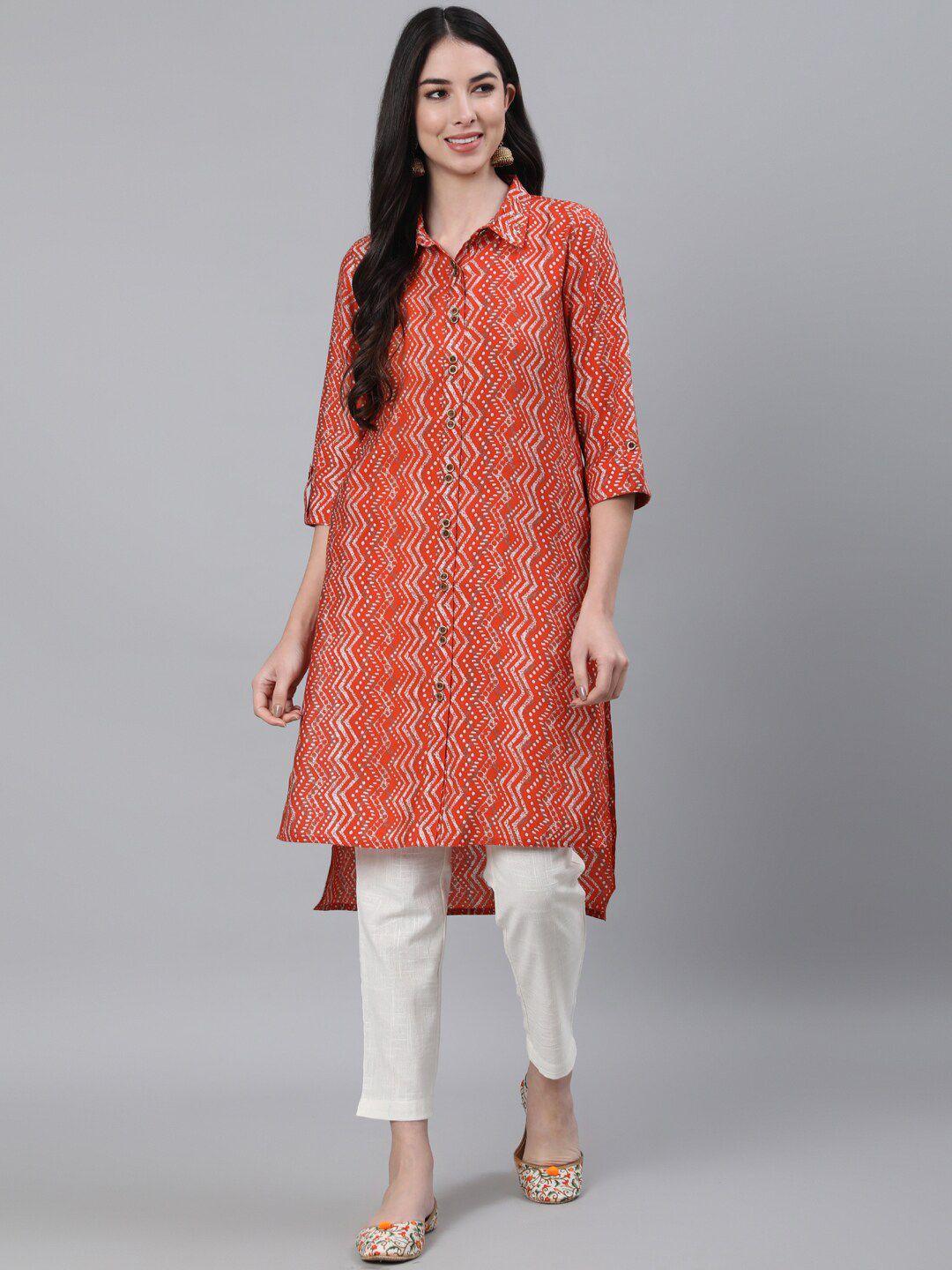 jaipur-kurti-women-orange-chevron-printed-chanderi-silk-pathani-kurta