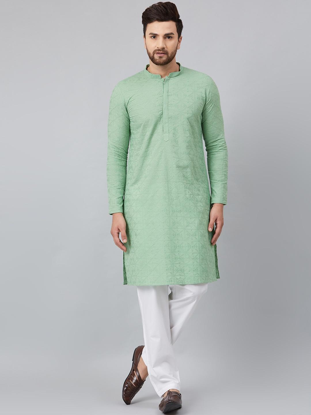 see-designs-men-green-ethnic-motifs-embroidered-chikankari-pure-cotton-kurta
