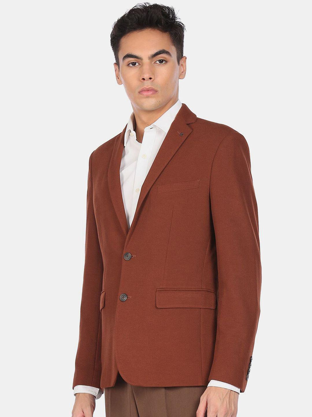 arrow-men-orange-slim-fit-textured-formal-blazer