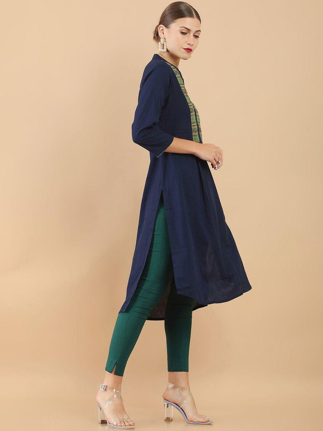 soch-women-navy-blue-&-green-printed-yoke-design-high-low-cotton-kurta