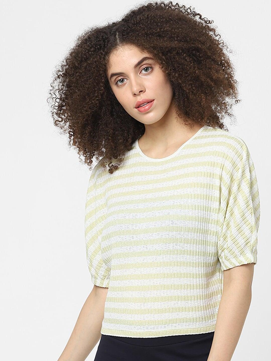 only-yellow-&-white-striped-round-neck-regular-top