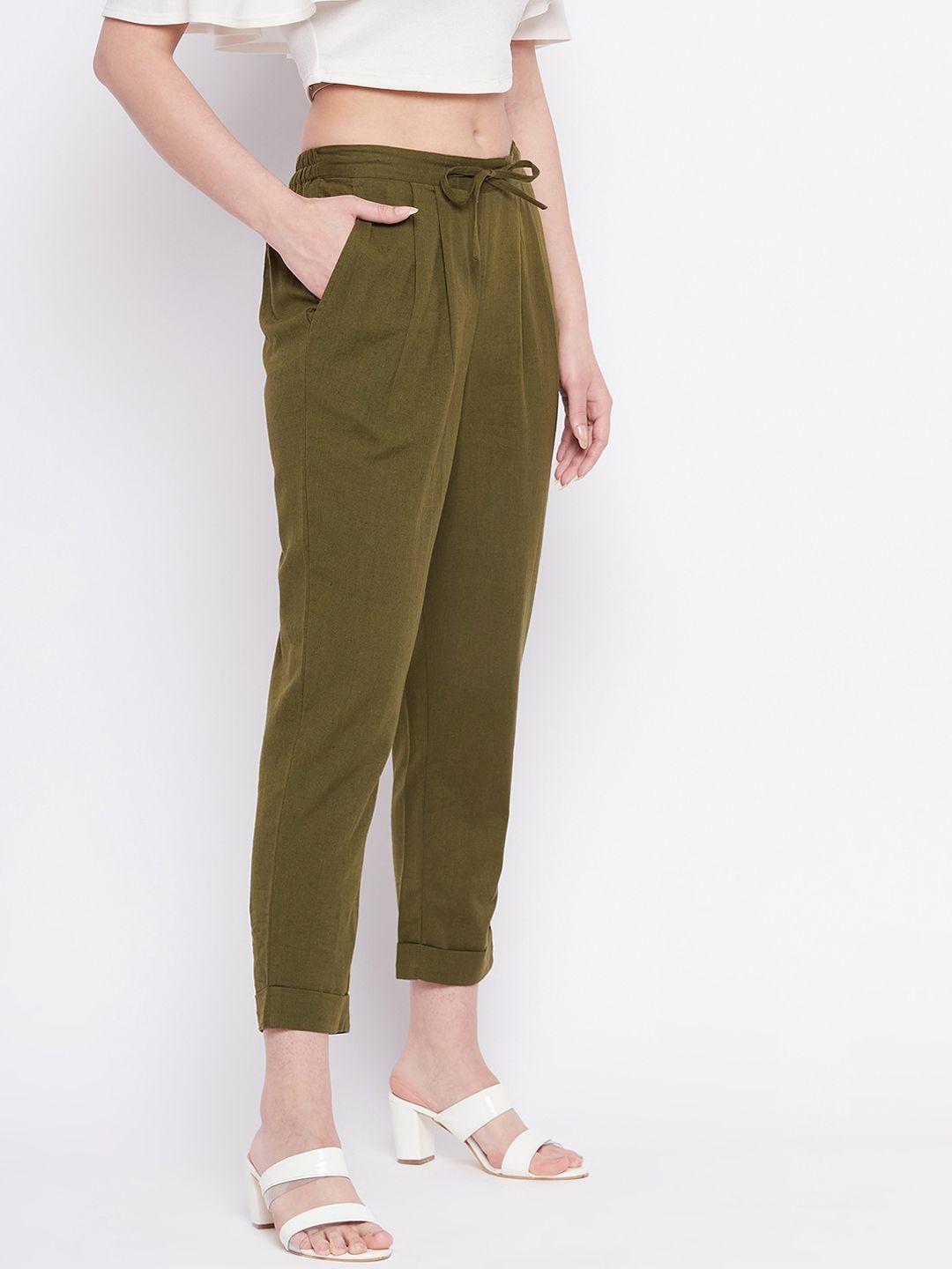 WineRed Women Olive Green Pleated Cotton Trousers