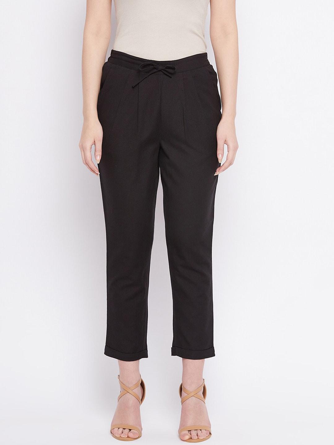 WineRed Women Black Regular Fit Pleated Trousers