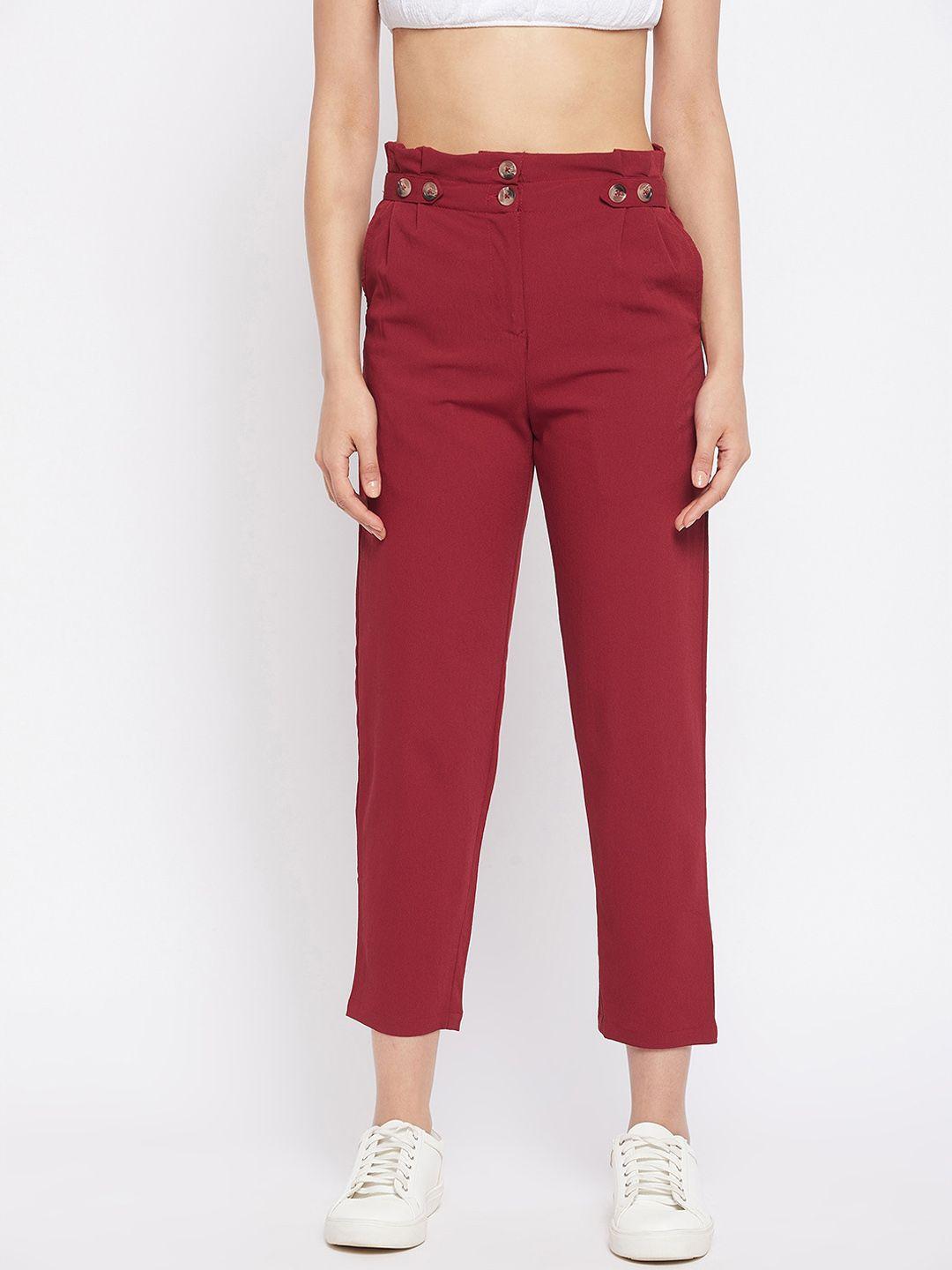 WineRed Women Maroon Solid High-Rise Easy Wash Trousers