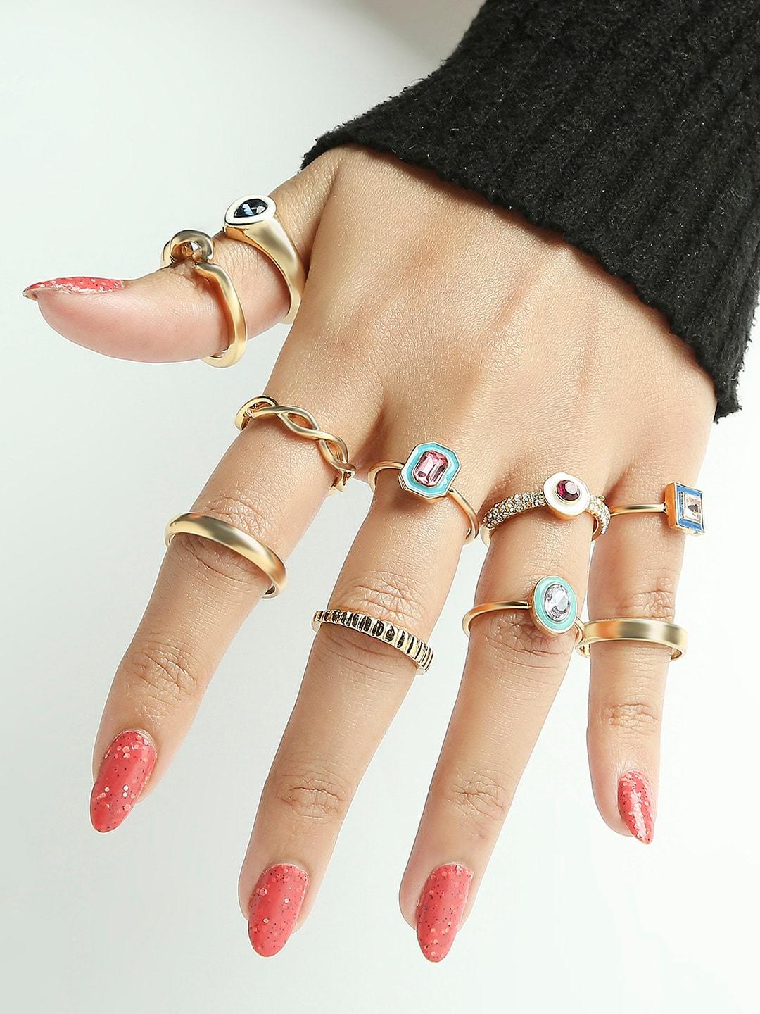 Lilly & sparkle Set Of 10 Gold-Plated & Stone-Studded Finger Rings