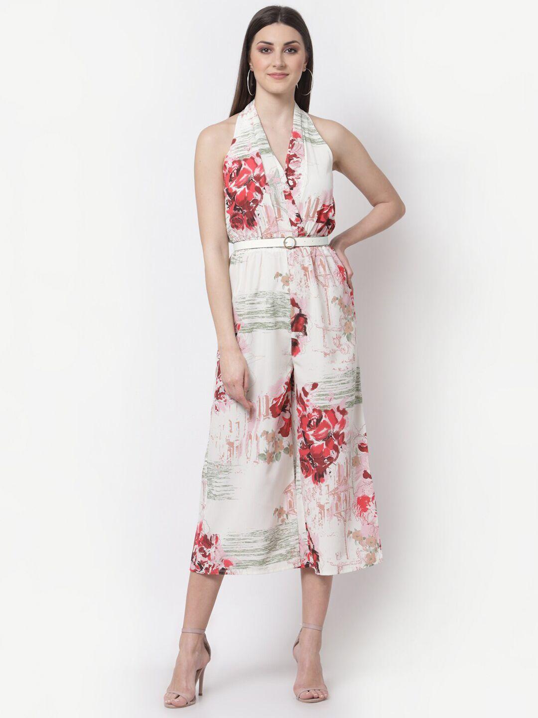 BLANC9 Off White & Red Halter Neck Floral Printed Jumpsuit With Belt