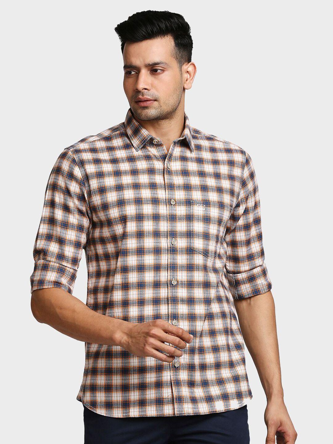 colorplus-men-orange-&-off-white-tailored-fit-checked-cotton-casual-shirt