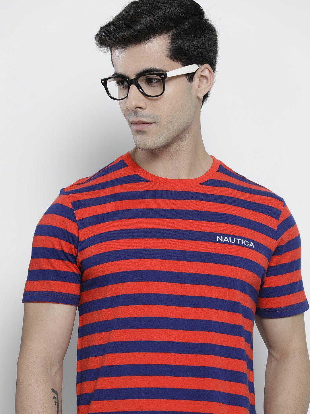 Nautica Men Red & Navy Blue Striped Slim Fit Pure Cotton T-shirt