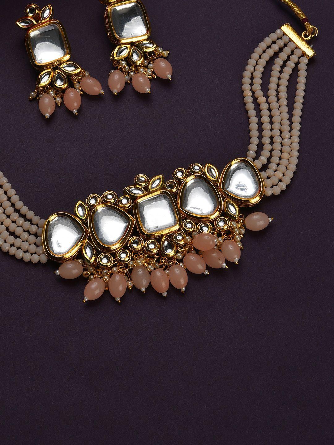 SOHI Gold-Plated White Kundan-Studded & Pearl Beaded Jewellery Set
