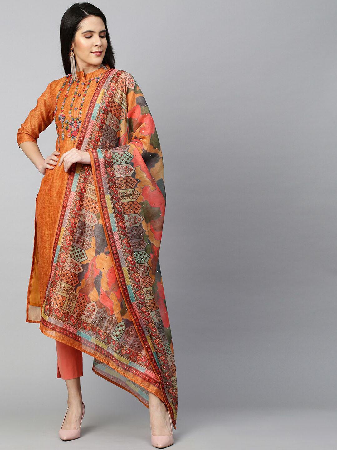 fashor-women-brown-floral-printed-thread-work-chanderi-silk-chanderi-silk-kurta