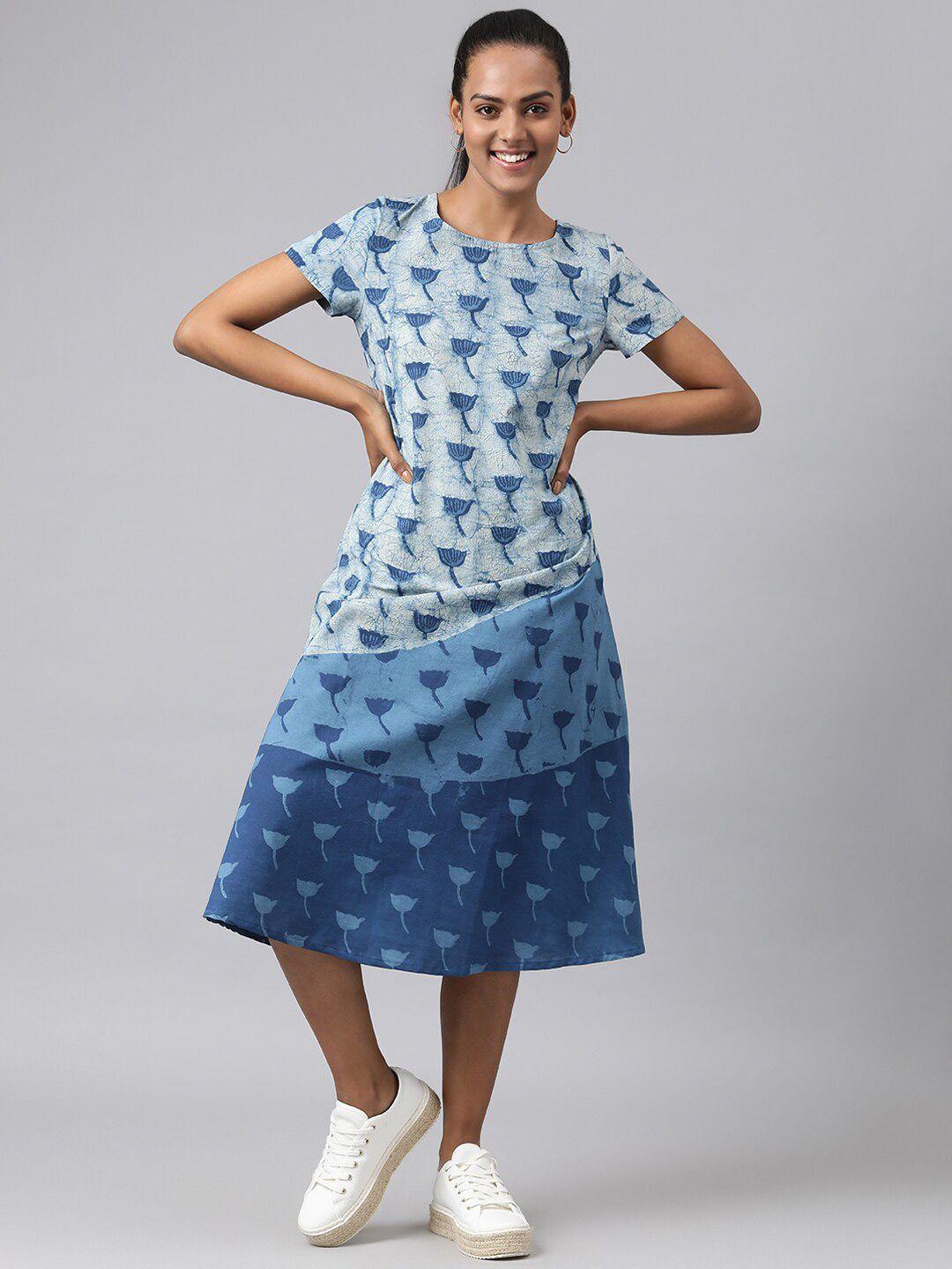 fabindia-blue-ethnic-motifs-dabu-a-line-cotton-midi-dress