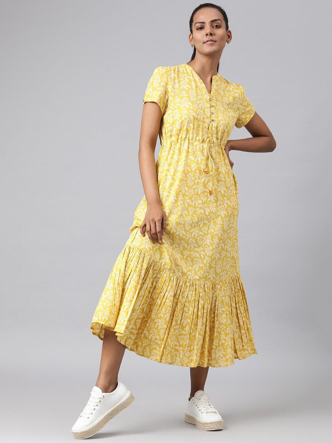 fabindia-mustard-yellow-floral-cotton-empire-midi-dress