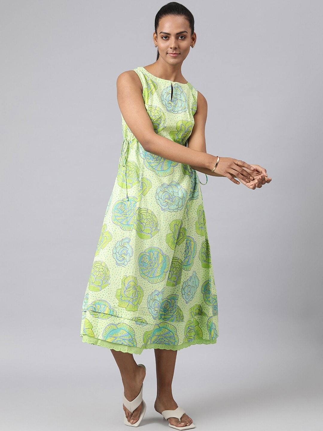 fabindia-green-ethnic-motifs-a-line-cotton-midi-dress