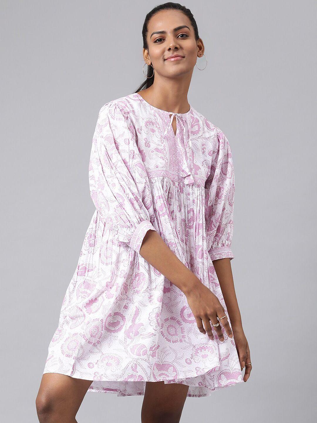 fabindia-white-floral-tie-up-neck-a-line-dress