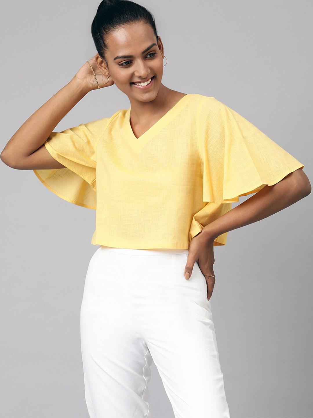 fabindia-yellow-flared-sleeves-pure-cotton-crop-top