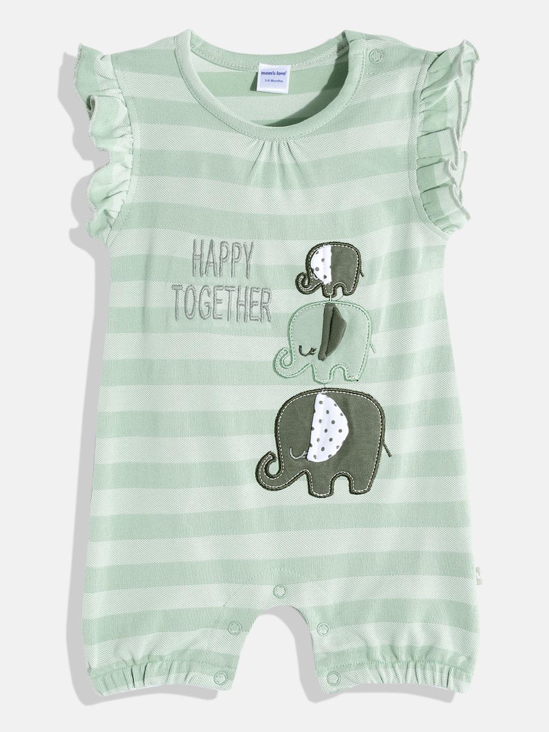 Moms Love Infant Girls Green Striped Pure Cotton Rompers