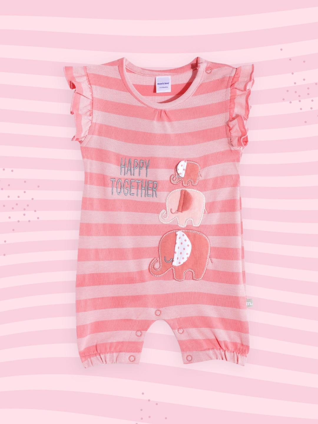 Moms Love Infant Girls Pink Striped Pure Cotton Rompers