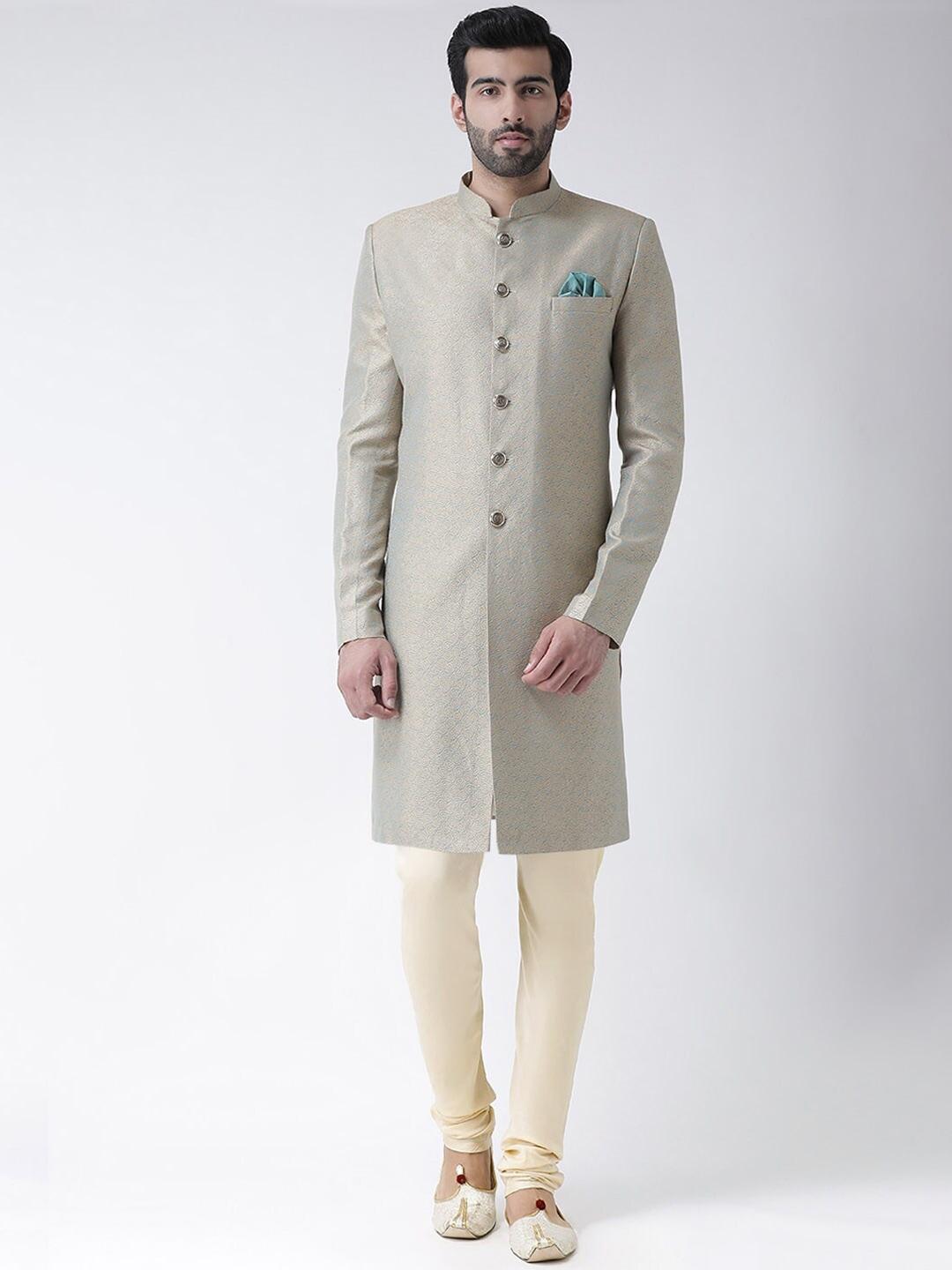 KISAH Men Sage Green Woven-Design Cotton Sherwani Set
