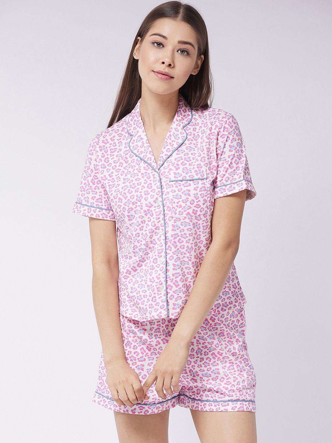 Miss Chase Women Off White & Pink Printed Cotton Night suit