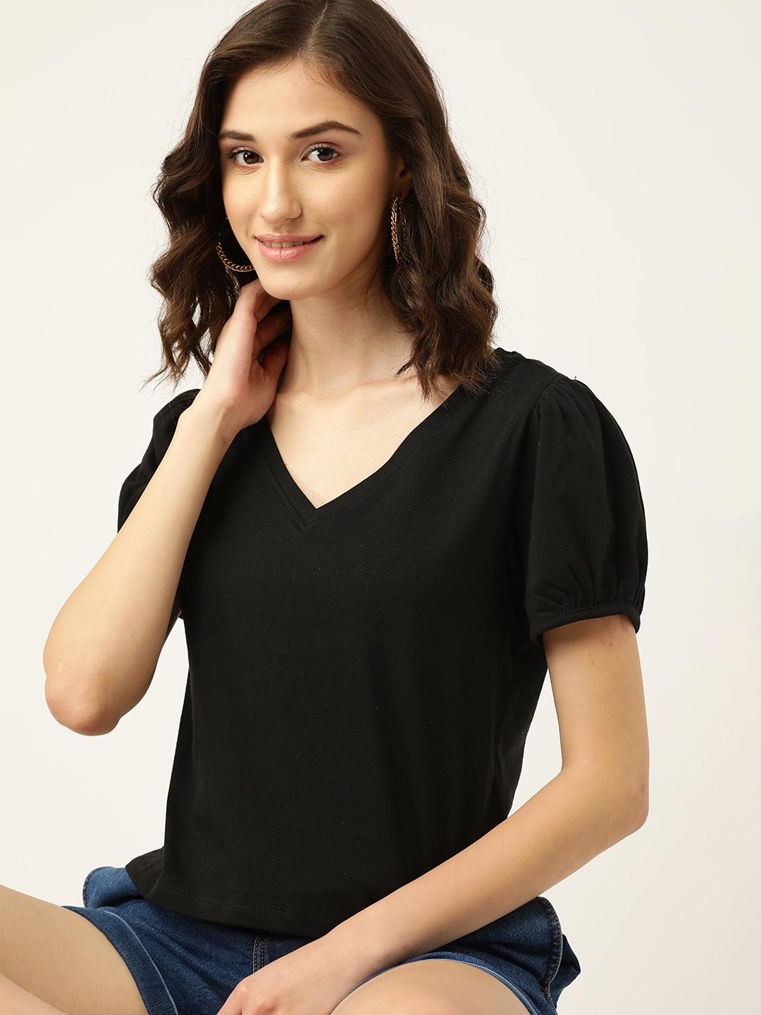 DressBerry Black Solid Puff Sleeves Sustainable Top