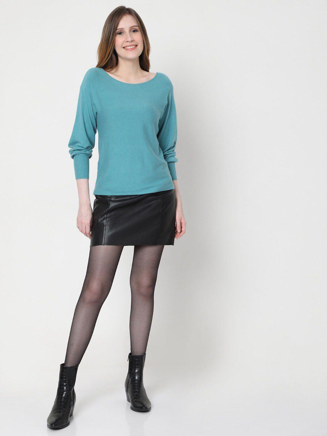 Vero Moda Women Turquoise Blue Solid Cuffed Sleeves Pullover