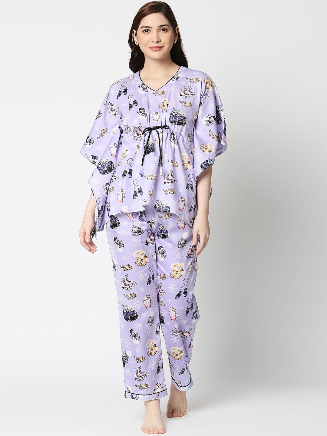 Pyjama Party Women Purple & Black Graphic Printed Pure Cotton Kaftan Night suit