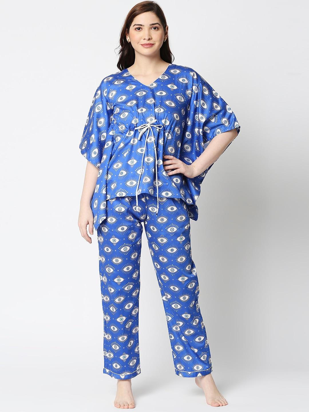 Pyjama Party Women Blue & White Printed Cotton Night suit