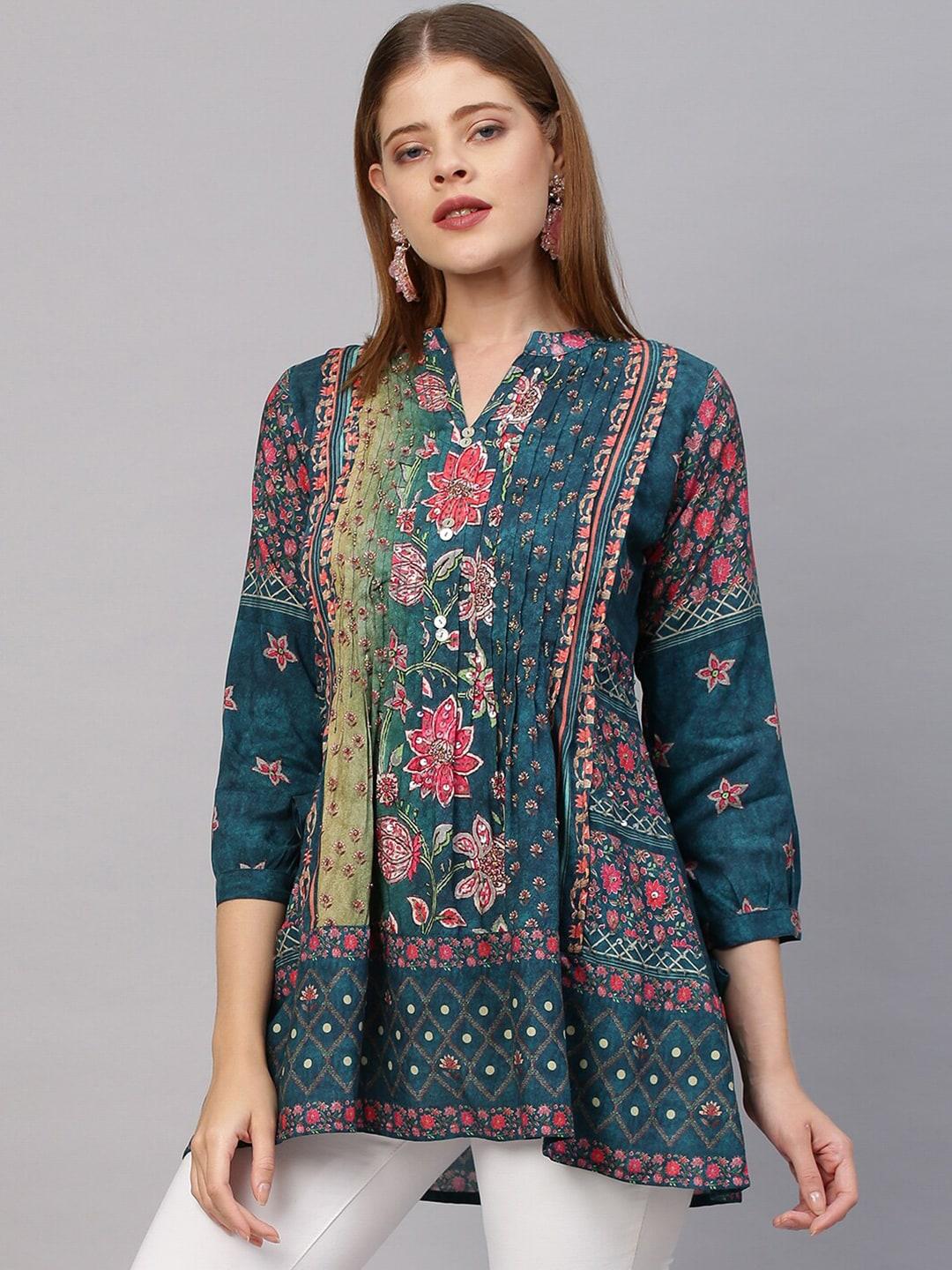 fashor-teal-&-multicoloured-floral-printed-sequinned-pleated-kurti