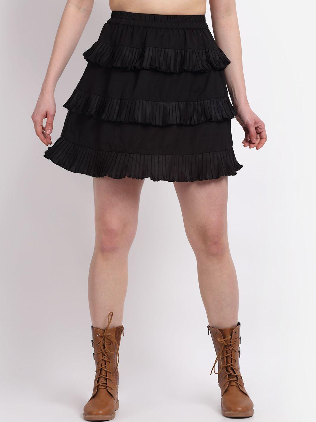 La Zoire Women Black Solid Pleated Panel Tiered Mini Skirt